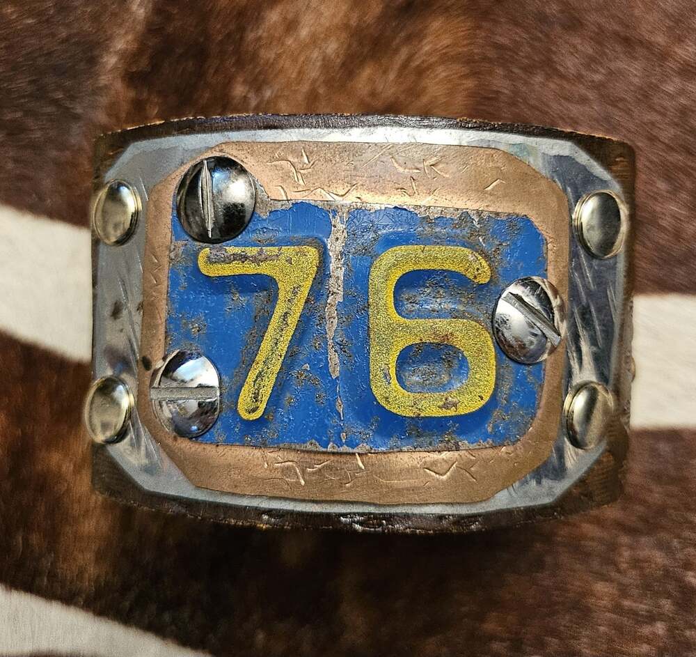 Brunner’s Metalwear Designer Leather Snap Cuff Vintage License Tag 76 Fallout